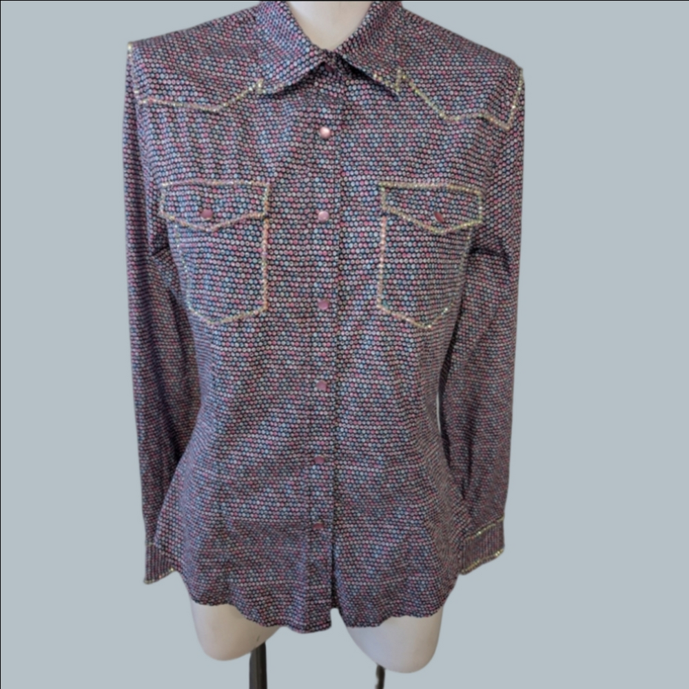 Western Top Snap Button Up Blouse Coast Cowgirl Emblished  Sequin Long Sleeve